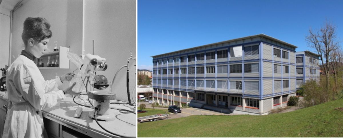 Mitarbeiterin der EMPA in St. Gallen 1964 und aktueller Firmensitz der Swissatest Testmaterialien in St. Gallen (2024) Image